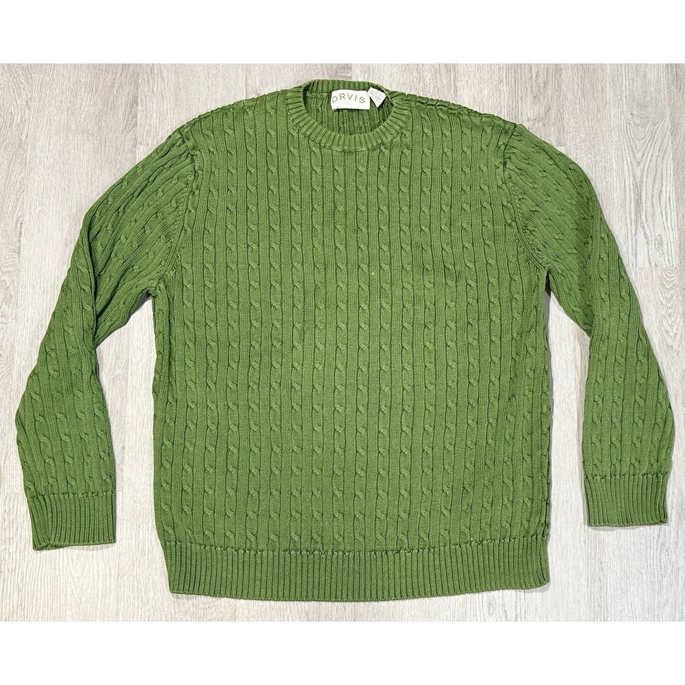 Vintage Orvis Sweater Men's Size L Green Crew Neck Cotton Knit Fisherman Outdoor
